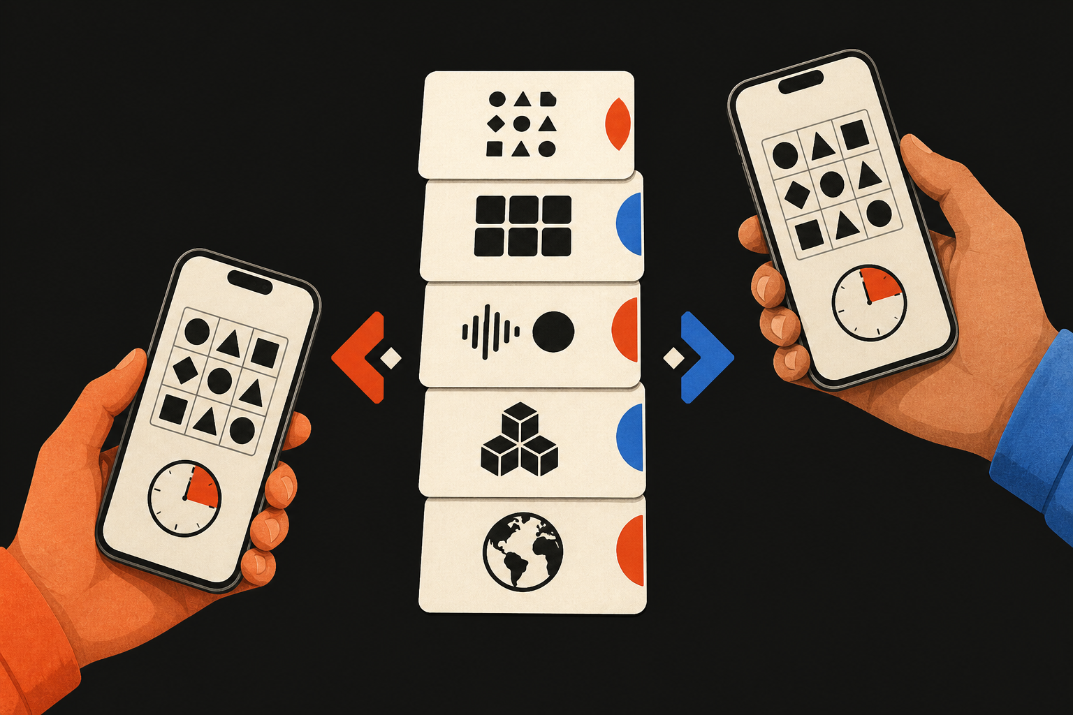 Two friends receive the same five-part mental challenge and countdown on their phones.
